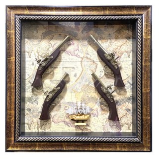 Картина с сувенирным оружием на карте мира «Оружие и парусник» купить в Минске +375447651009