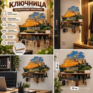 Ключница настенная «Белорусские просторы» с полкой для мелочей, 7 крючков фото