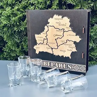 Подарочный набор рюмок с городами «Беларусь» в деревянной коробке фото